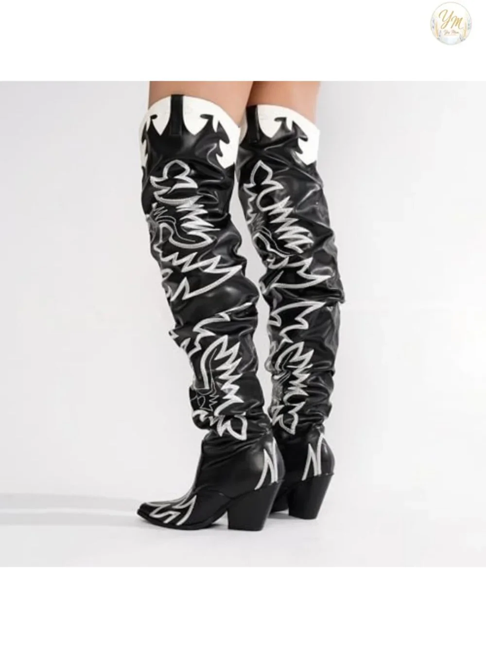 Faux Leather Western Over the Knee Boots Chunky Block Heel Equestrian Cowboy